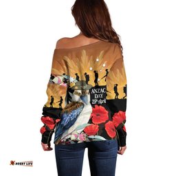 Australia Kookaburra ANZAC Day Off Shoulder Sweater Rising Sun 25th April Poppy Eucalyptus Blossoms LT14