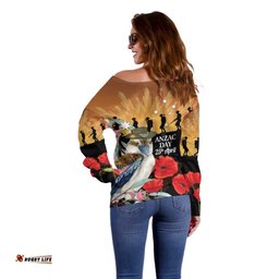 Australia Kookaburra ANZAC Day Off Shoulder Sweater Rising Sun 25th April Poppy Eucalyptus Blossoms LT14