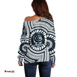 Carlton Football Club Off Shoulder Sweater Indigenous Monochrome Dot Art Mascot Style TS04