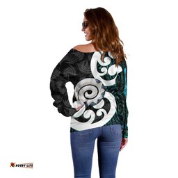 Aotearoa Koru Off Shoulder Sweater Cyan Maori Paua Shell Mix Silver Fern LT14