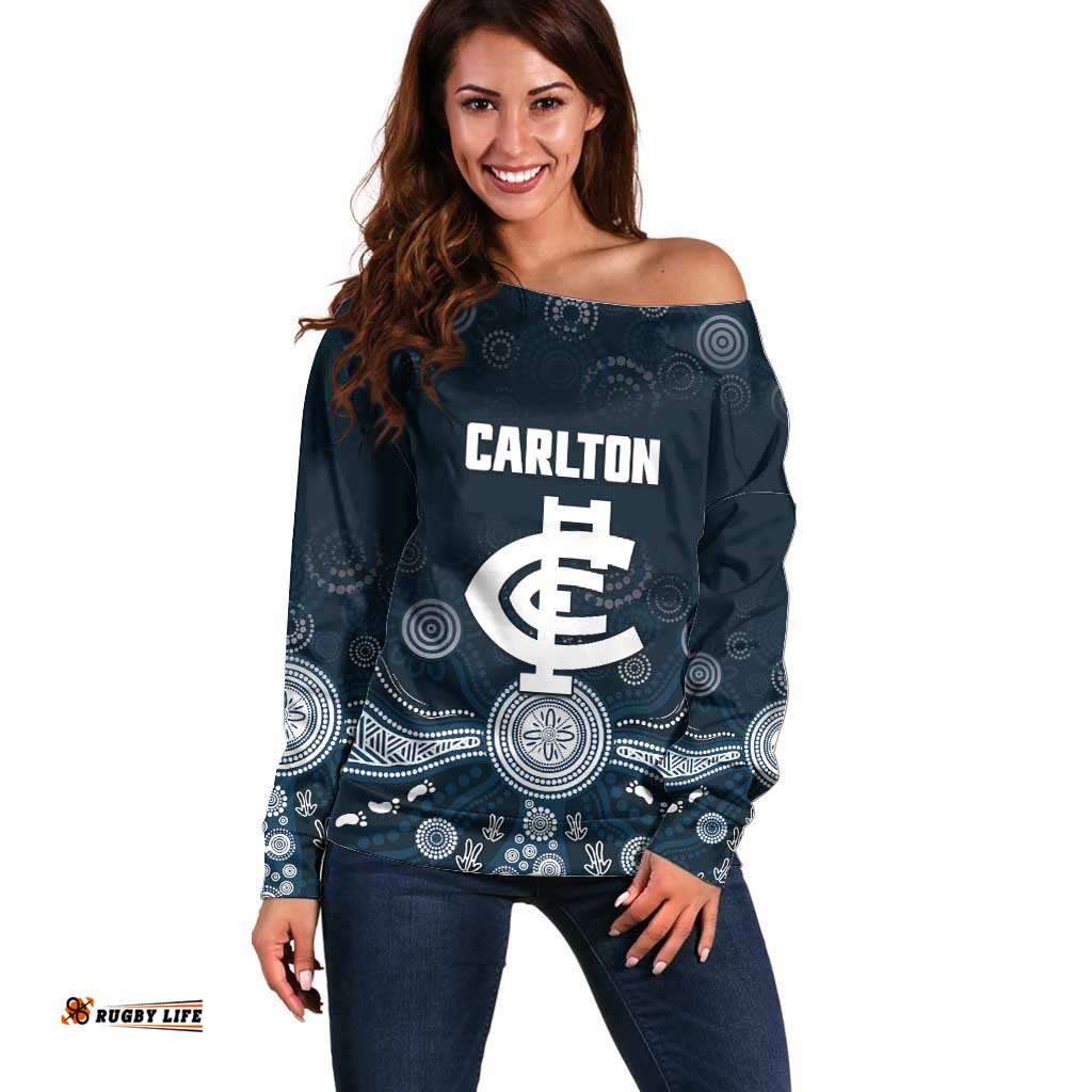 Custom Carlton Football Off Shoulder Sweater Go Blues Aboriginal Art LT14