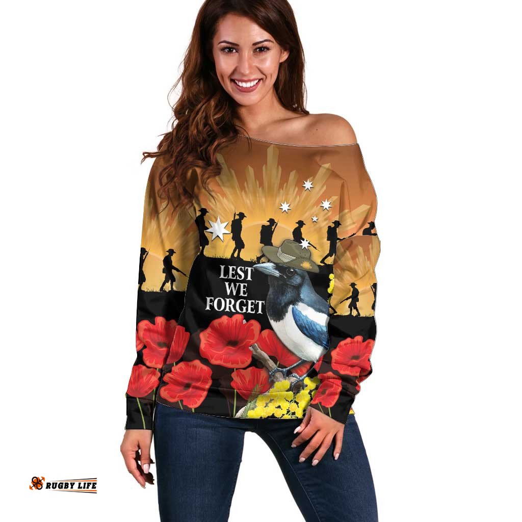 Australia Magpie ANZAC Day Off Shoulder Sweater Rising Sun 25th April Poppy Golden Wattle LT14