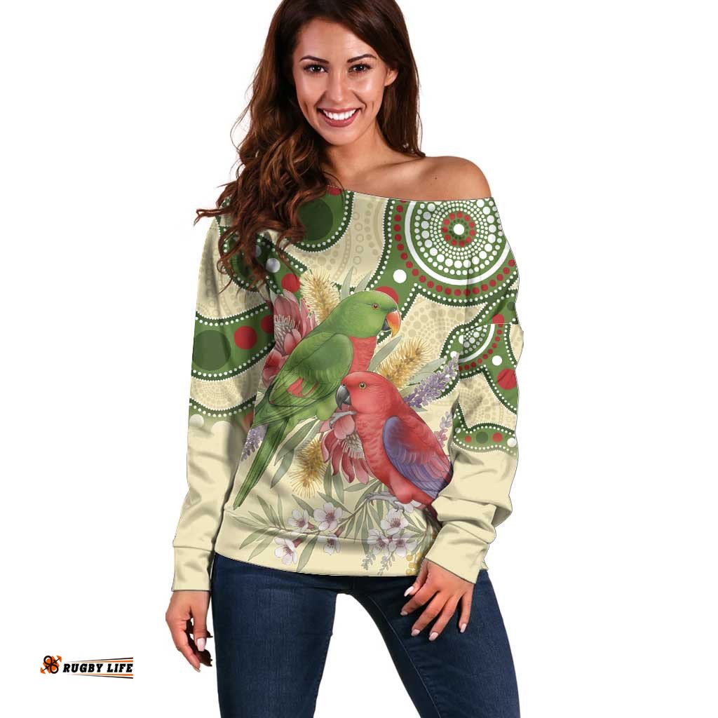 Australia Moluccan Eclectus Off Shoulder Sweater Australian Native Flowers Indigenous Art LT14