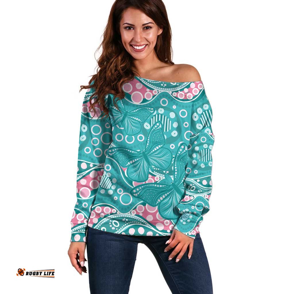 Australia Hereditary Cancer Awareness Off Shoulder Sweater Aboriginal Butterflies LT7