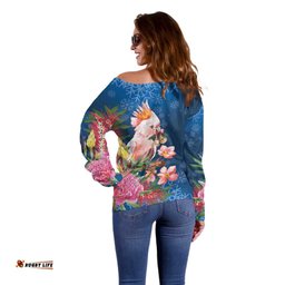 Australia Christmas Pink Cockatoo with Banksia Off Shoulder Sweater Snowy Blue LT7