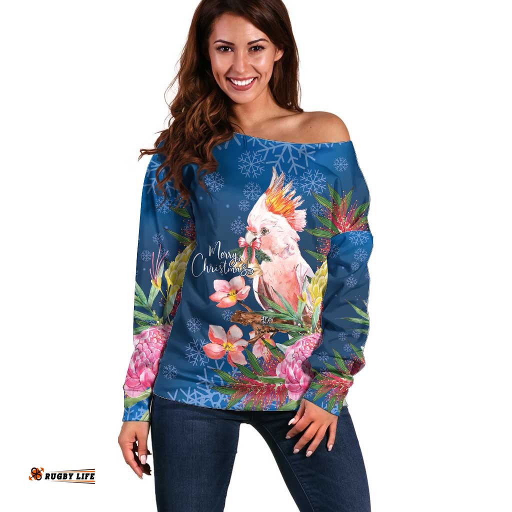 Australia Christmas Pink Cockatoo with Banksia Off Shoulder Sweater Snowy Blue LT7