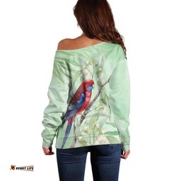 Australia Crimson Rosella Off Shoulder Sweater Platycercus Elegans Eucalyptus Alba Watercolor LT14