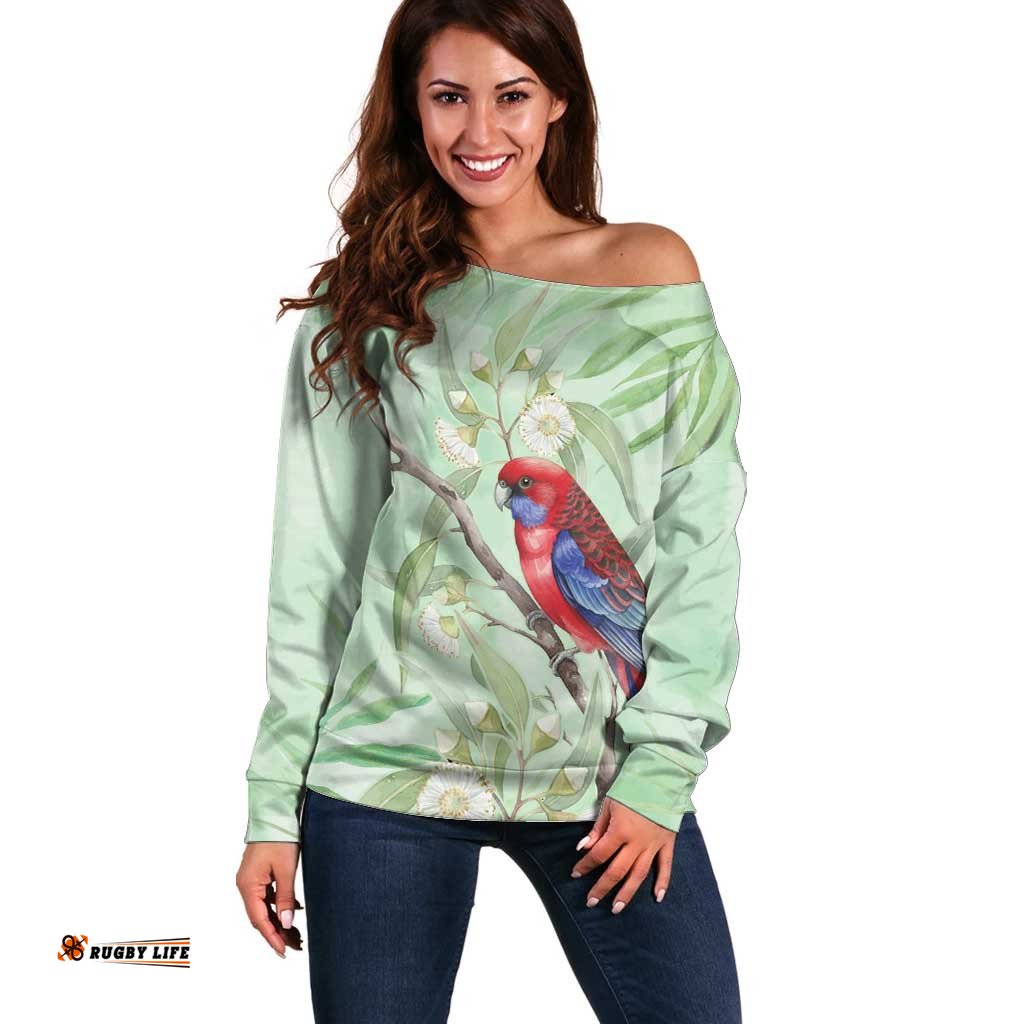 Australia Crimson Rosella Off Shoulder Sweater Platycercus Elegans Eucalyptus Alba Watercolor LT14
