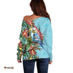 Blue Budgies on Callistemon Off Shoulder Sweater Merry Christmas Aussie LT7