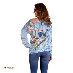 Australia Superb Fairywren Christmas Off Shoulder Sweater Aboriginal Eucalyptus Blossoms Watercolor LT14