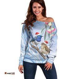 Australia Superb Fairywren Christmas Off Shoulder Sweater Aboriginal Eucalyptus Blossoms Watercolor LT14