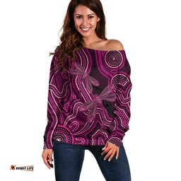Australia Breast Cancer Awareness Off Shoulder Sweater Pink Dragonflies Aboriginal Art LT14