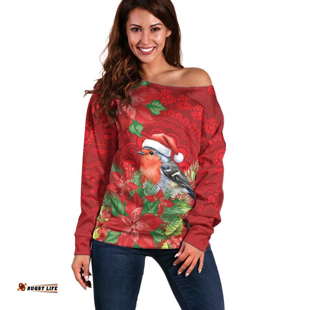 Australian Scarlet Robin Off Shoulder Sweater Aboriginal Inspired Christmas LT9