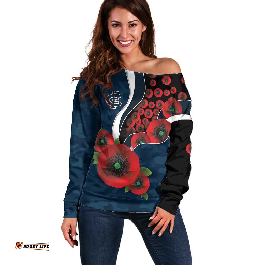 Carlton Blues ANZAC Personalised Off Shoulder Sweater Lest We Forget Poppy Camo LT9