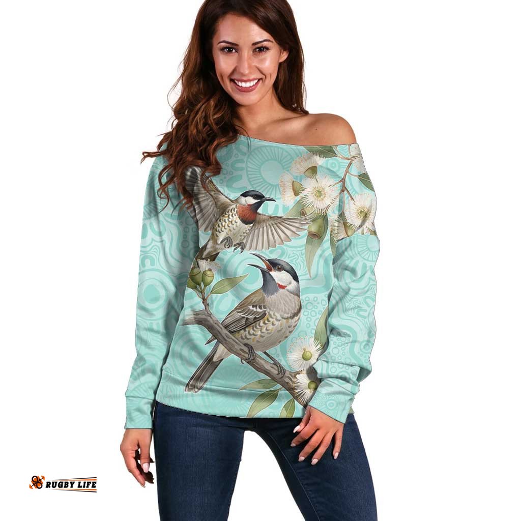 Australia Red Wattlebird Off Shoulder Sweater Eucalyptus Alba Indigenous Art LT14