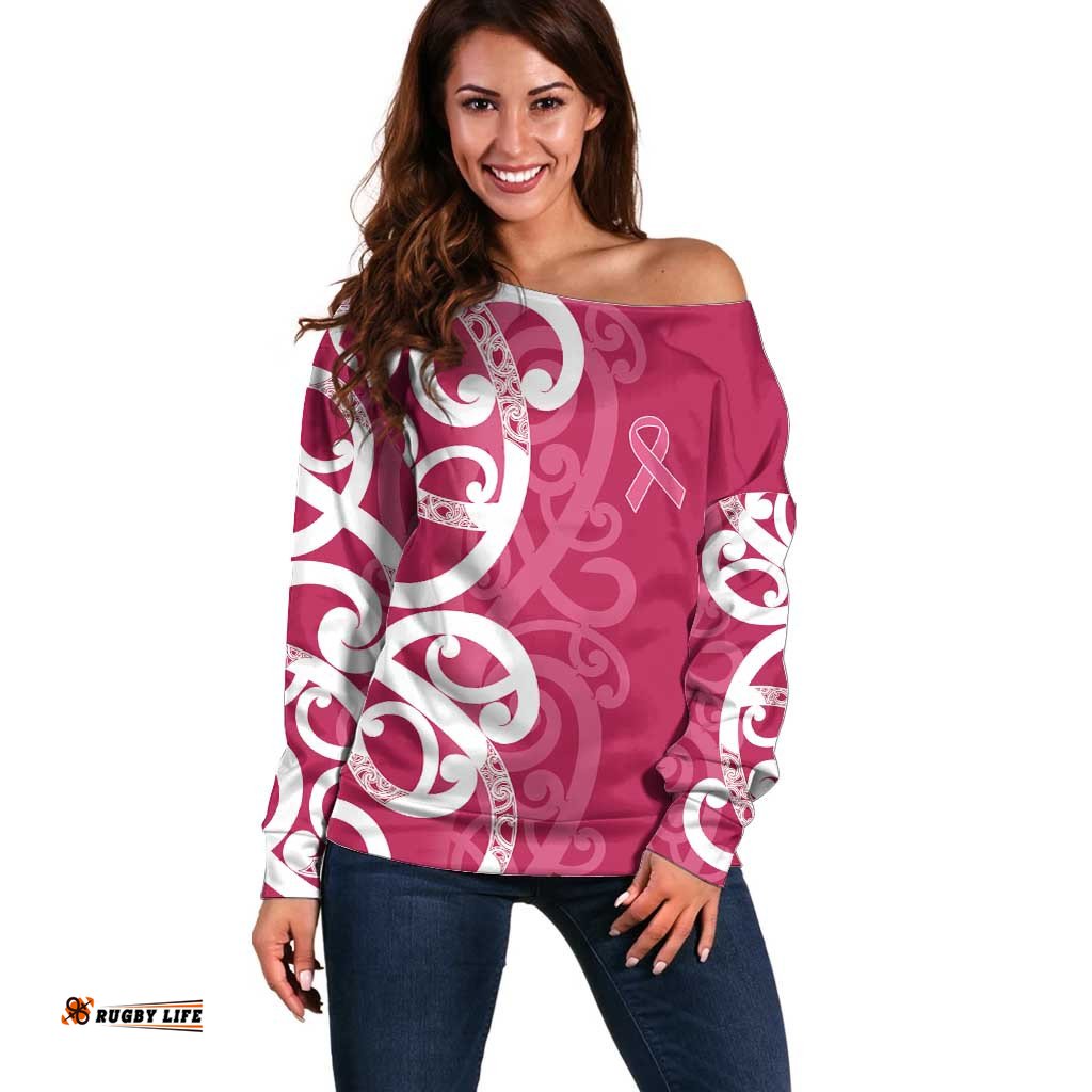 Breast Cancer Awareness Maori Off Shoulder Sweater Koru Kowhaiwhai LT7