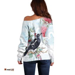 Australia Magpie Christmas Off Shoulder Sweater Eucalyptus Aboriginal Watercolor Stylized LT14
