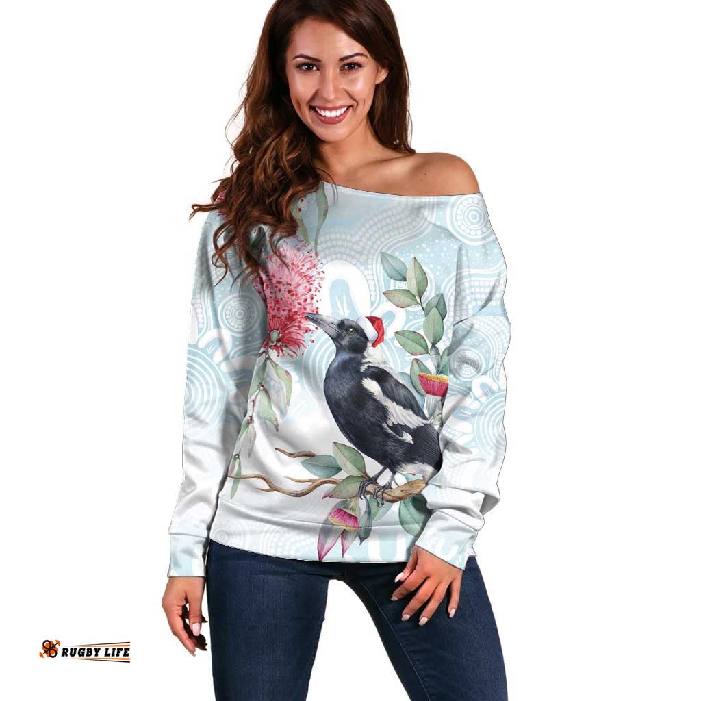 Australia Magpie Christmas Off Shoulder Sweater Eucalyptus Aboriginal Watercolor Stylized LT14
