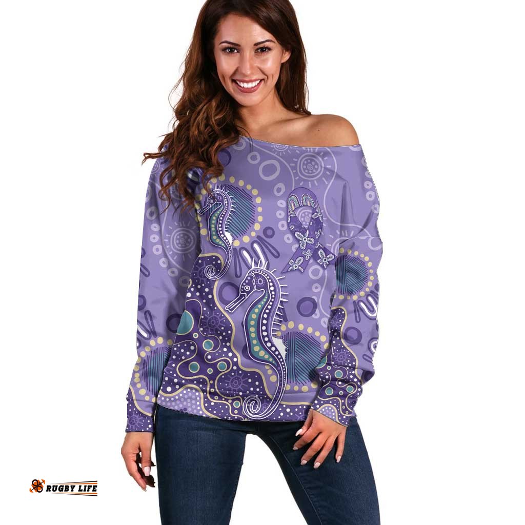 Australia Epilepsy Awareness Off Shoulder Sweater Aboriginal Purple Ribbon with Seahorse LT7