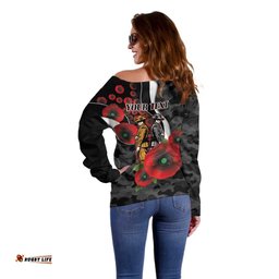 Collingwood Magpies ANZAC Personalised Off Shoulder Sweater Lest We Forget Poppy Camo LT9