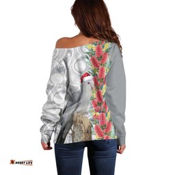 Blue Galah Mutation Christmas Australia Off Shoulder Sweater Falalalala Galalah Bottlebrush Grey Aboriginal Art LT14