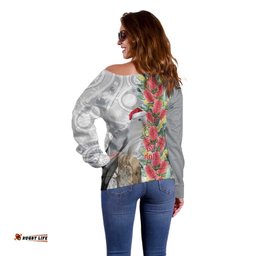 Blue Galah Mutation Christmas Australia Off Shoulder Sweater Falalalala Galalah Bottlebrush Grey Aboriginal Art LT14