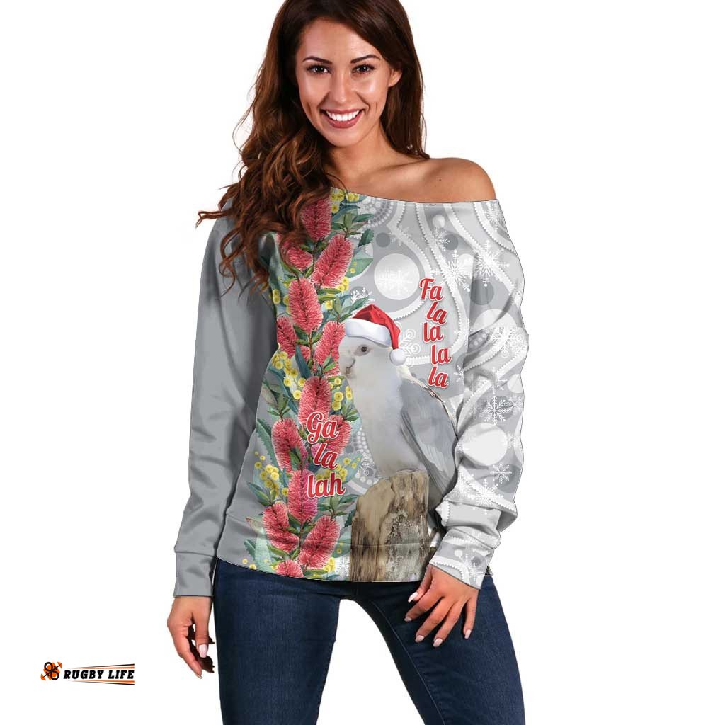 Blue Galah Mutation Christmas Australia Off Shoulder Sweater Falalalala Galalah Bottlebrush Grey Aboriginal Art LT14
