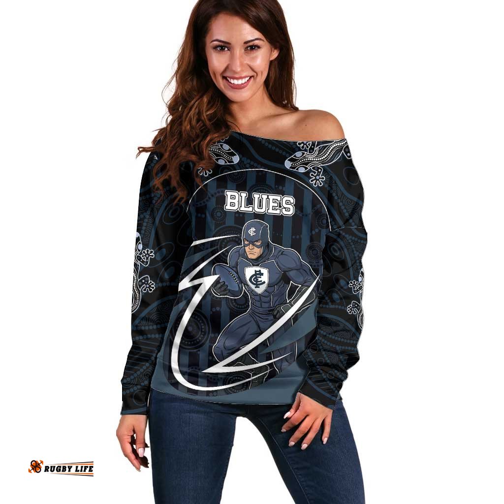 Custom Carlton Navy Off Shoulder Sweater Captain With Aboriginal Art DT05