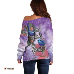 Australia Splendid Fairy Wren on Eucalyptus Off Shoulder Sweater Epilepsy Awareness LT7