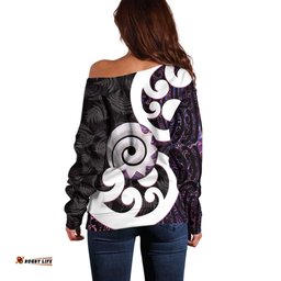 Aotearoa Koru Off Shoulder Sweater Purple Maori Paua Shell Mix Silver Fern LT14