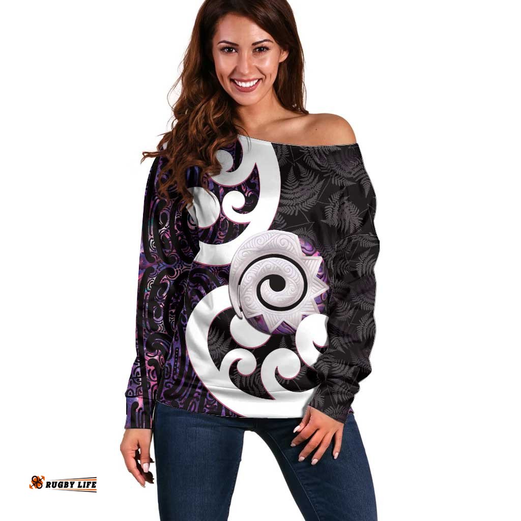 Aotearoa Koru Off Shoulder Sweater Purple Maori Paua Shell Mix Silver Fern LT14