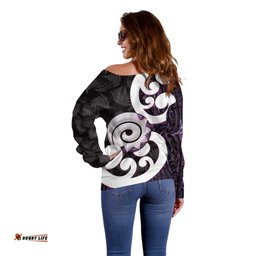 Aotearoa Koru Off Shoulder Sweater Purple Maori Paua Shell Mix Silver Fern LT14