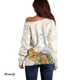 Australia Little Corella Off Shoulder Sweater Cacatua Sanguinea Western Grevillea Aboriginal Art LT14