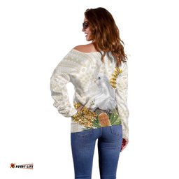 Australia Little Corella Off Shoulder Sweater Cacatua Sanguinea Western Grevillea Aboriginal Art LT14