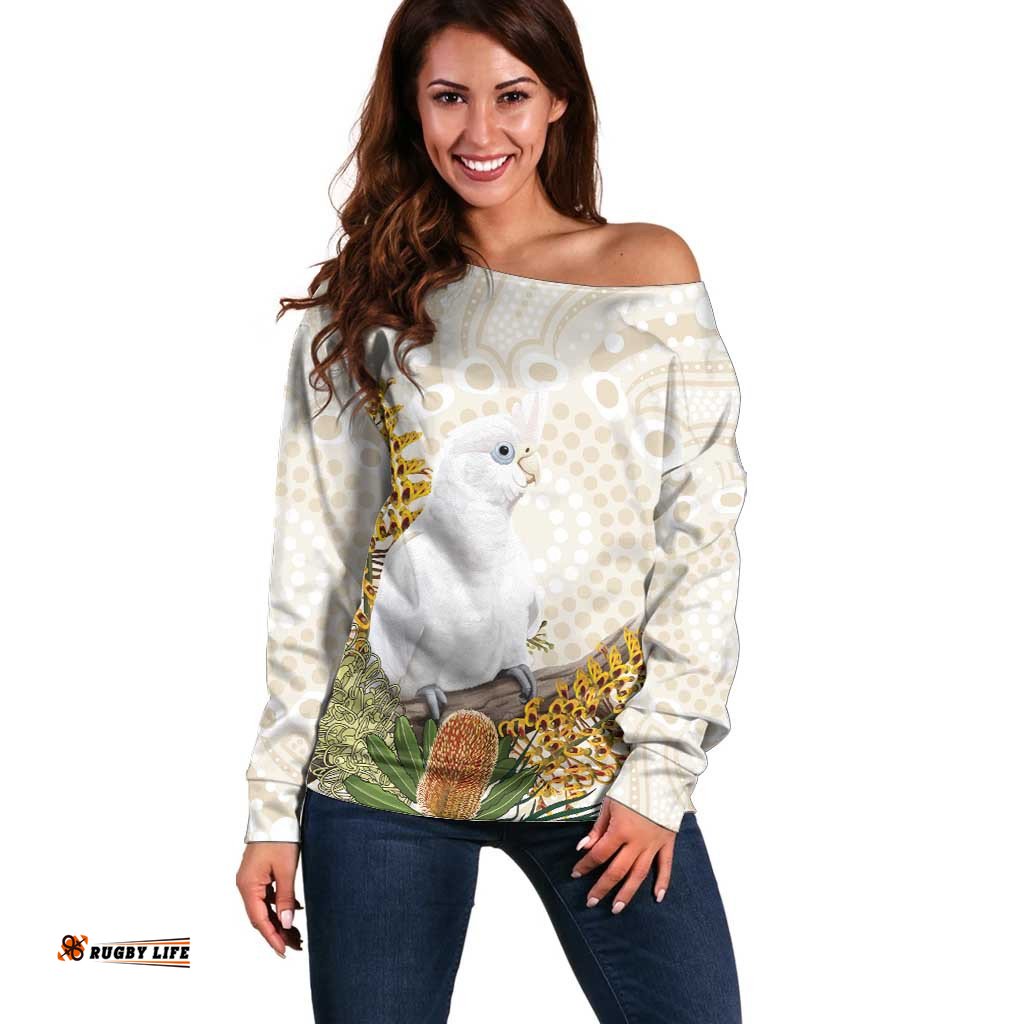 Australia Little Corella Off Shoulder Sweater Cacatua Sanguinea Western Grevillea Aboriginal Art LT14