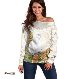 Australia Little Corella Off Shoulder Sweater Cacatua Sanguinea Western Grevillea Aboriginal Art LT14