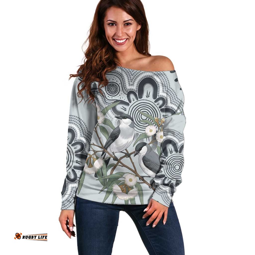 Australia Grey Butcherbird Off Shoulder Sweater Eucalyptus Alba Indigenous Art LT14
