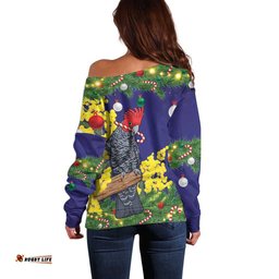 Australia Gang-gang Cockatoo Christmas Off Shoulder Sweater Callocephalon Fimbriatum Golden Wattle Blue LT14