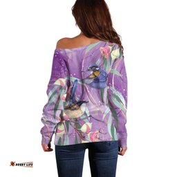 Australia Epilepsy Awareness Off Shoulder Sweater Purple Fairy Wren with Eucalyptus Flowers LT7