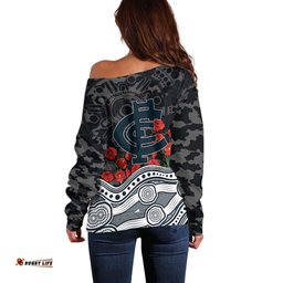 Carlton Blues ANZAC Day Off Shoulder Sweater Indigenous Dot Art with Poppy Flower Tribute TS04