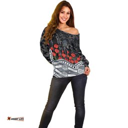 Carlton Blues ANZAC Day Off Shoulder Sweater Indigenous Dot Art with Poppy Flower Tribute TS04