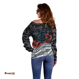 Carlton Blues ANZAC Day Off Shoulder Sweater Indigenous Dot Art with Poppy Flower Tribute TS04