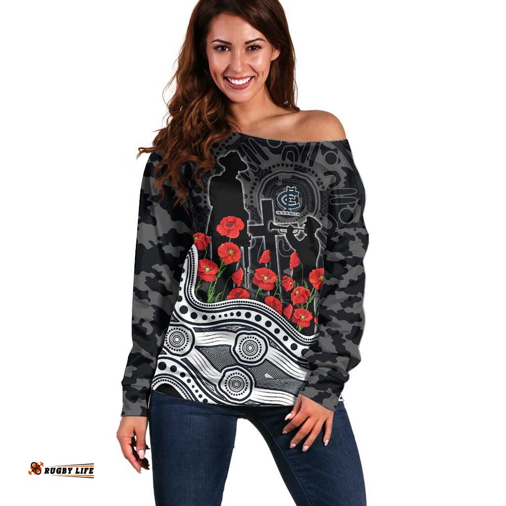 Carlton Blues ANZAC Day Off Shoulder Sweater Indigenous Dot Art with Poppy Flower Tribute TS04