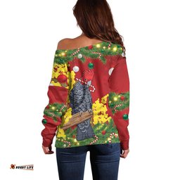 Australia Gang-gang Cockatoo Christmas Off Shoulder Sweater Callocephalon Fimbriatum Golden Wattle Red LT14