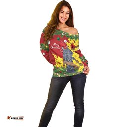 Australia Gang-gang Cockatoo Christmas Off Shoulder Sweater Callocephalon Fimbriatum Golden Wattle Red LT14