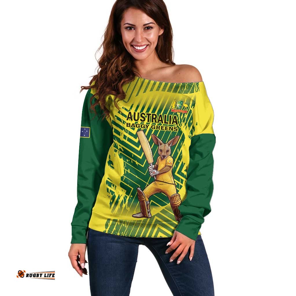 Custom Australia Cricket Off Shoulder Sweater Aussie Baggy Greens - Kangaroo Mascot Style LT14