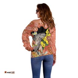 Australia Tawny Frogmouth Off Shoulder Sweater Golden Wattle Banksia Aboriginal Art LT14