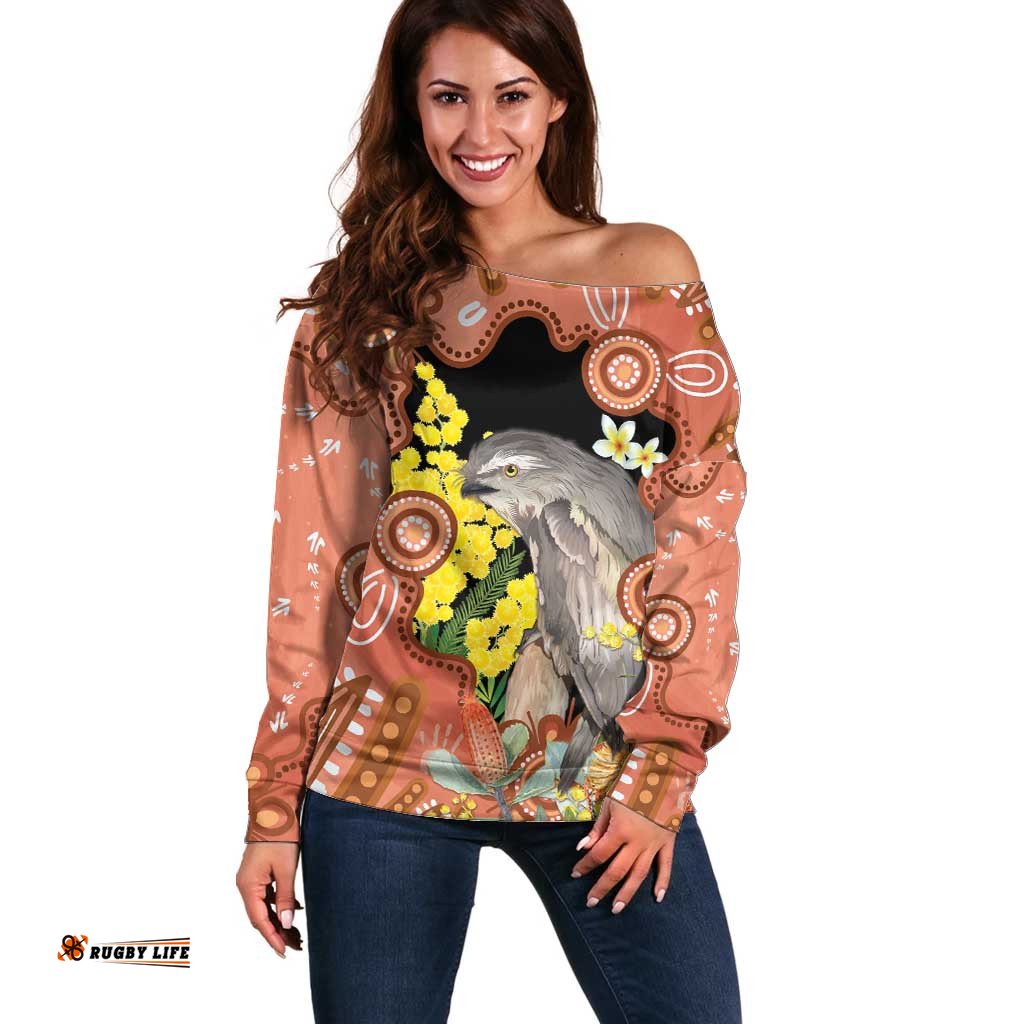 Australia Tawny Frogmouth Off Shoulder Sweater Golden Wattle Banksia Aboriginal Art LT14
