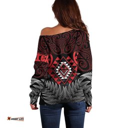 Aotearoa Kiwi Taniko Off Shoulder Sweater Silver Fern With Maori Koru Pattern LT14