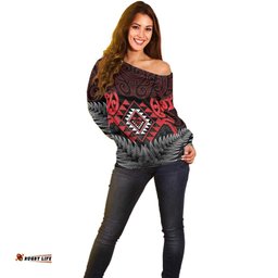 Aotearoa Kiwi Taniko Off Shoulder Sweater Silver Fern With Maori Koru Pattern LT14